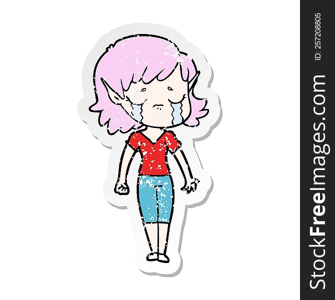 Distressed Sticker Of A Crying Cartoon Elf Girl