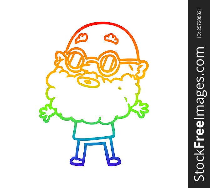 rainbow gradient line drawing of a cartoon curious man with beard and sunglasses