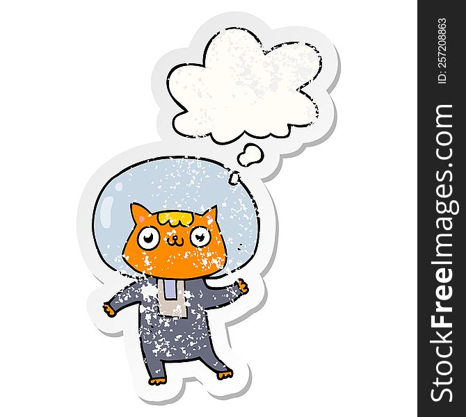 cartoon space cat with thought bubble as a distressed worn sticker