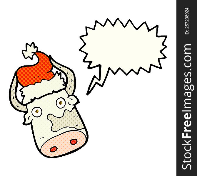 freehand drawn comic book speech bubble cartoon cow wearing christmas hat