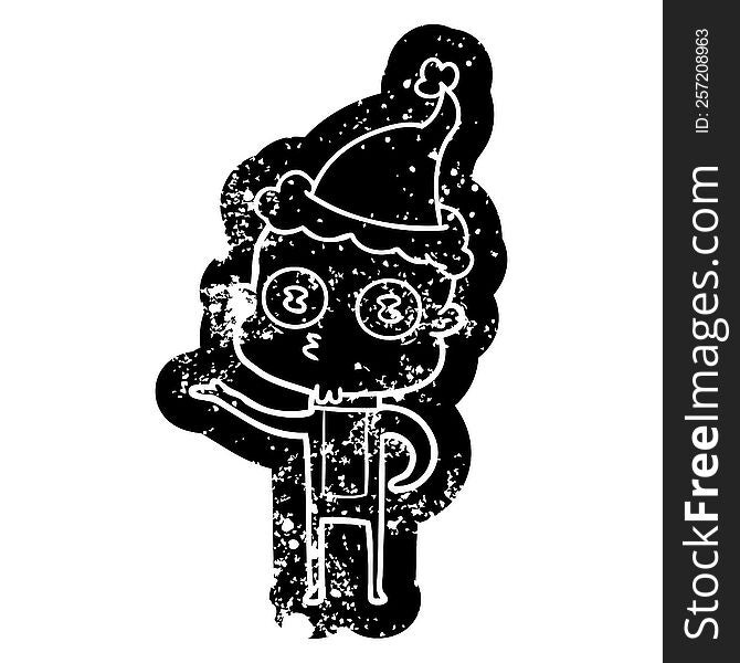 Cartoon Distressed Icon Of A Weird Bald Spaceman Wearing Santa Hat