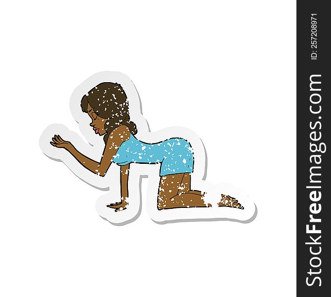 retro distressed sticker of a cartoon woman on all fours