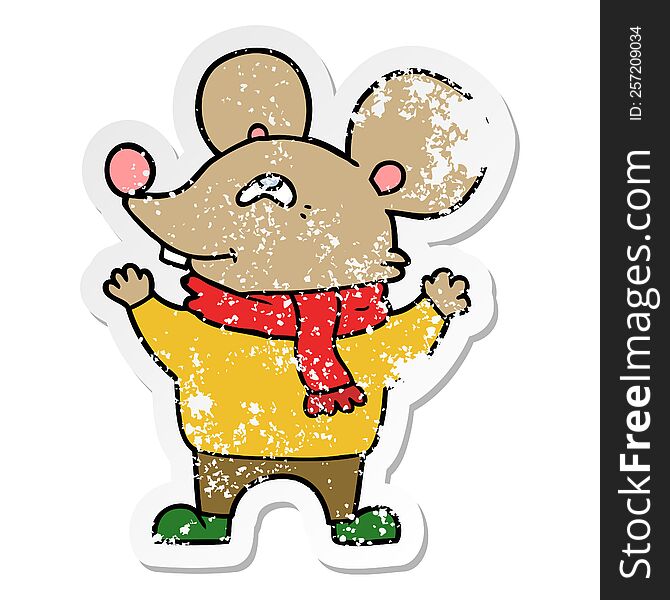 Distressed Sticker Of A Cartoon Mouse Wearing Scarf