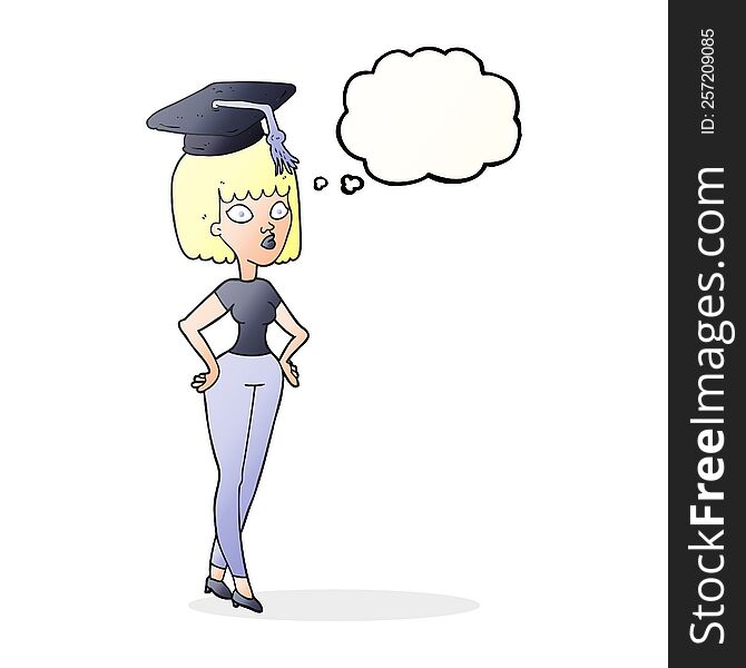 freehand drawn thought bubble cartoon woman with graduation cap