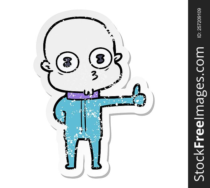 Distressed Sticker Of A Cartoon Weird Bald Spaceman Giving Thumbs Up