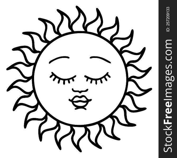 tattoo in black line style of a sun with face. tattoo in black line style of a sun with face