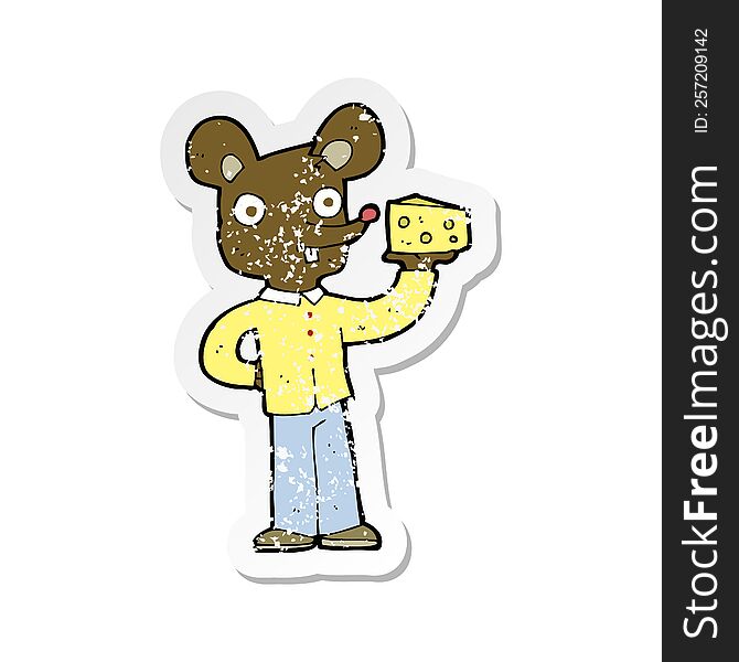 retro distressed sticker of a cartoon mouse holding cheese