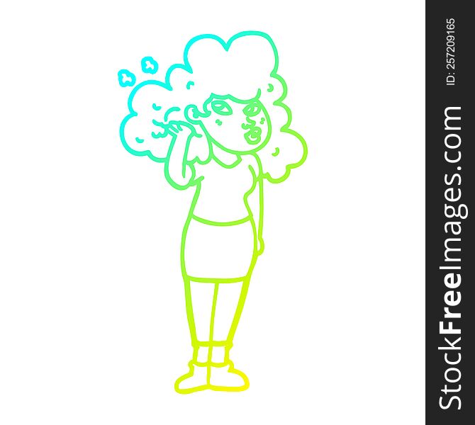 cold gradient line drawing of a cartoon girl playing with hair