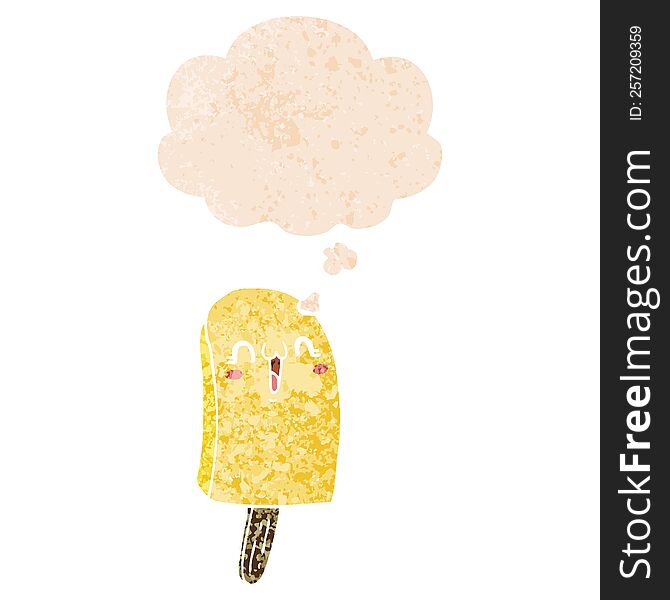 cartoon frozen ice lolly and thought bubble in retro textured style