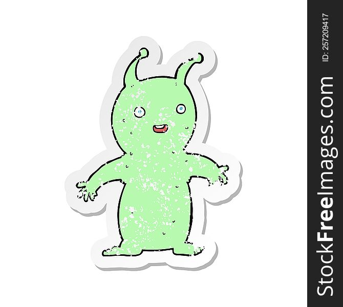 Retro Distressed Sticker Of A Cartoon Happy Little Alien