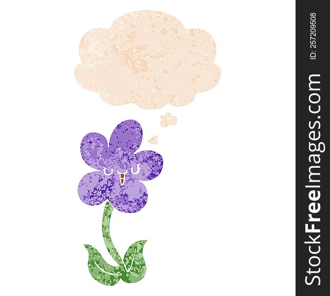 Cartoon Flower With Happy Face And Thought Bubble In Retro Textured Style