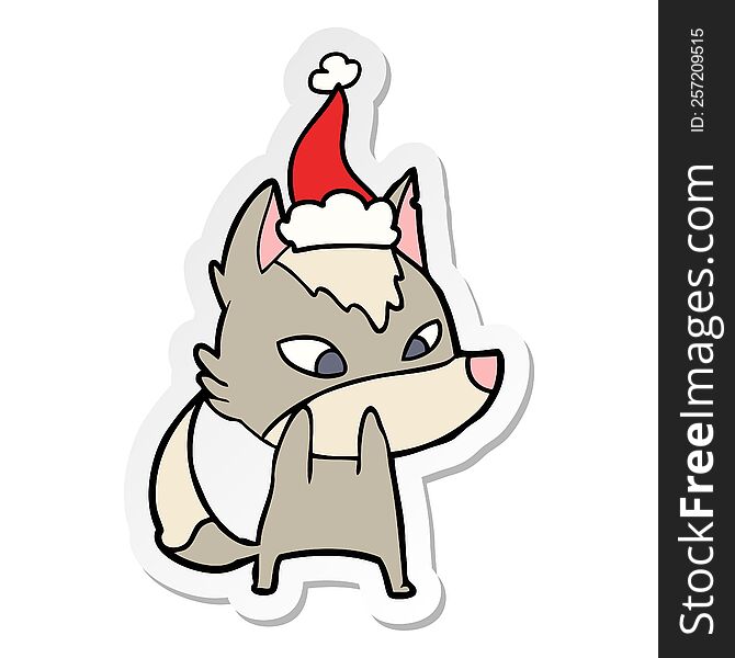 shy hand drawn sticker cartoon of a wolf wearing santa hat. shy hand drawn sticker cartoon of a wolf wearing santa hat