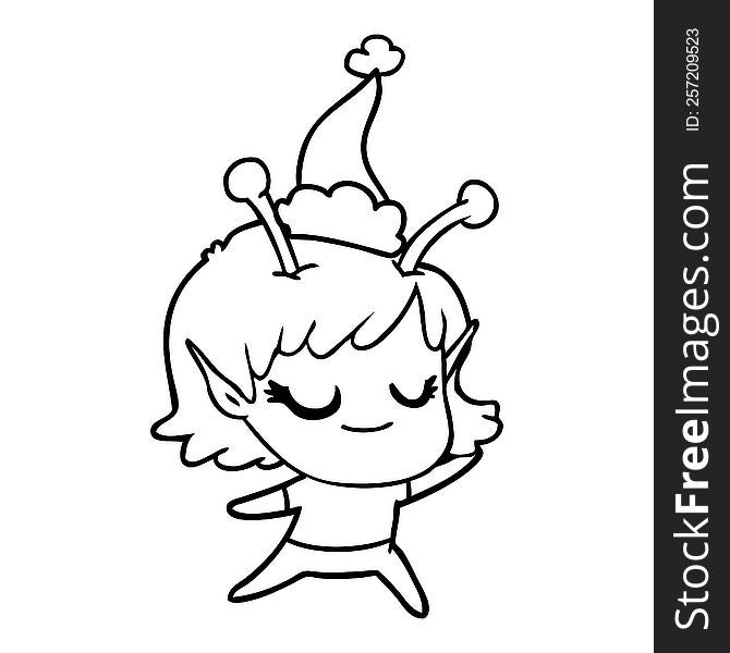 smiling alien girl hand drawn line drawing of a wearing santa hat. smiling alien girl hand drawn line drawing of a wearing santa hat