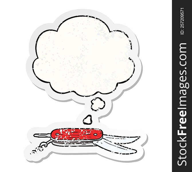 cartoon pocket knife with thought bubble as a distressed worn sticker