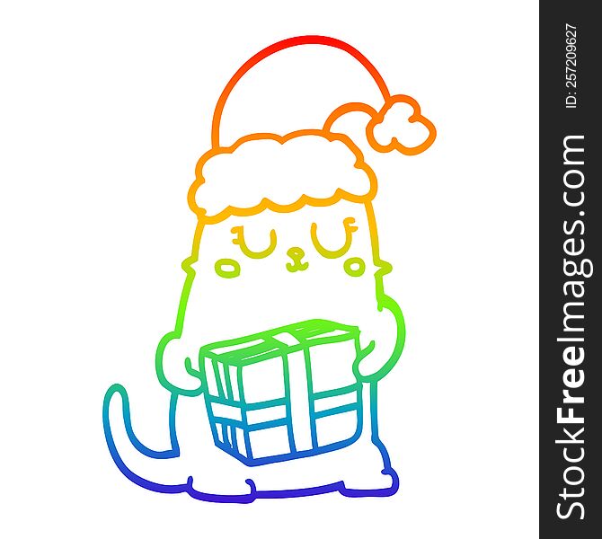 Rainbow Gradient Line Drawing Cute Cartoon Christmas Cat