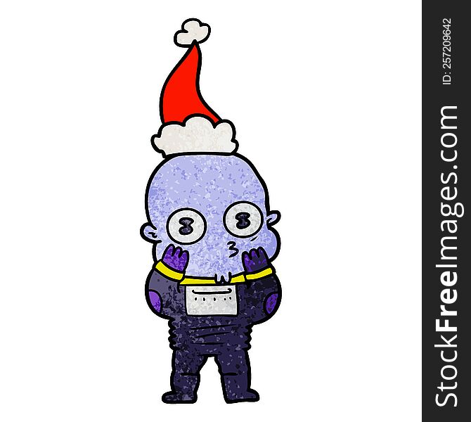 Textured Cartoon Of A Weird Bald Spaceman Wearing Santa Hat