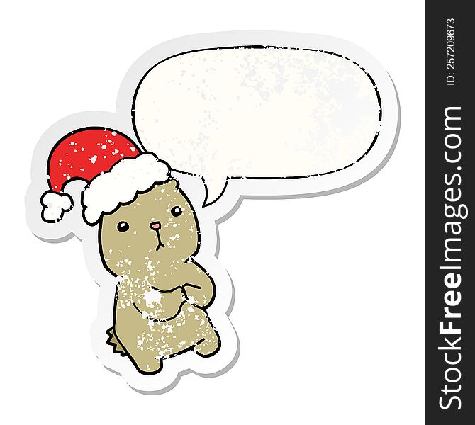 cartoon christmas bear worrying with speech bubble distressed distressed old sticker. cartoon christmas bear worrying with speech bubble distressed distressed old sticker