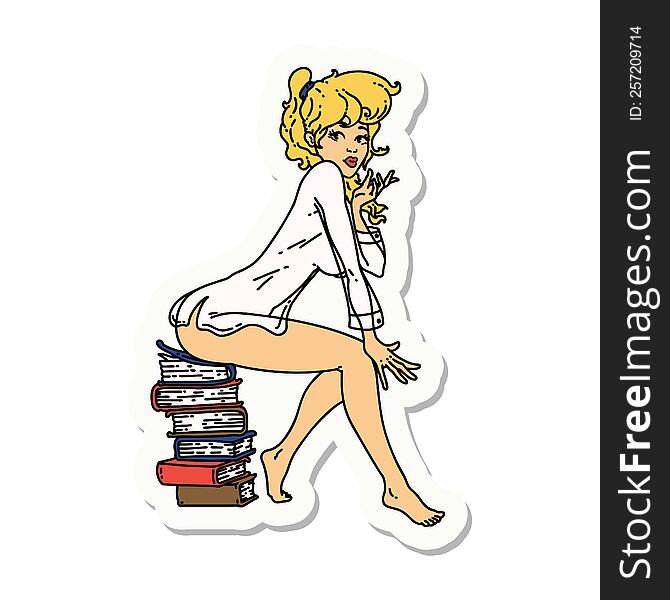 sticker of tattoo in traditional style of a pinup girl sitting on books. sticker of tattoo in traditional style of a pinup girl sitting on books