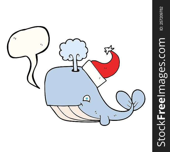 freehand drawn speech bubble cartoon whale wearing christmas hat