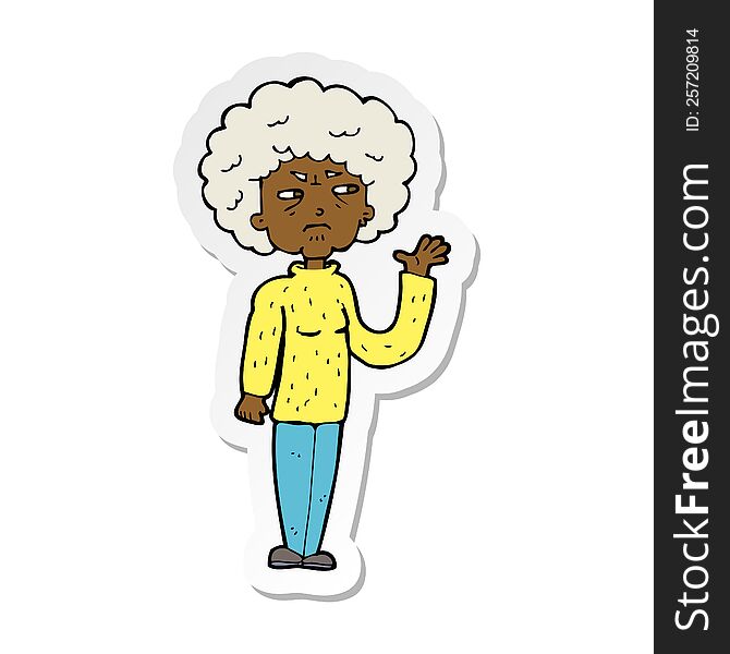 sticker of a cartoon annoyed old woman waving