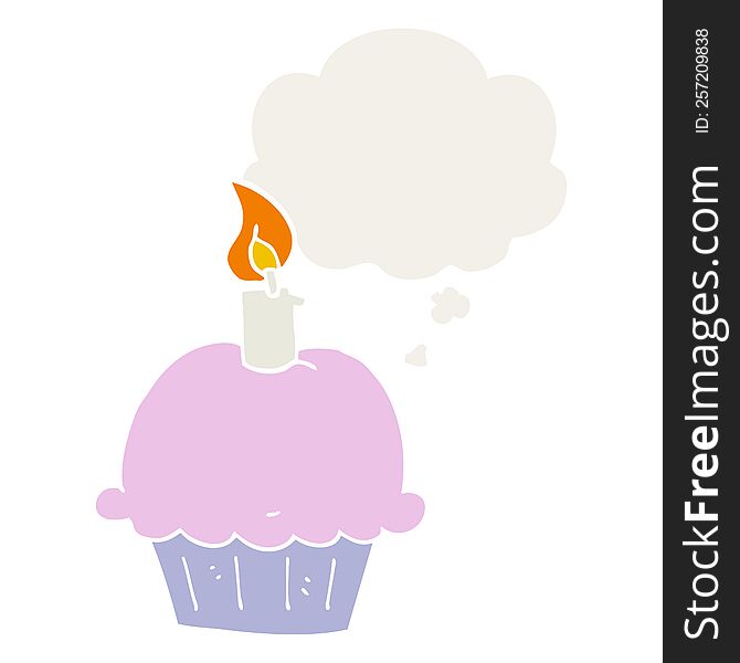 cartoon birthday cupcake with thought bubble in retro style