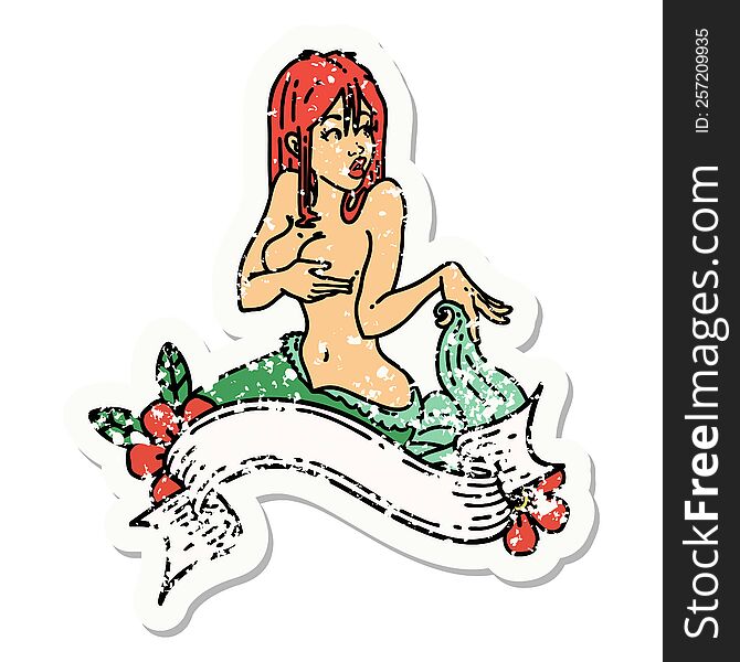distressed sticker tattoo of a pinup mermaid with banner