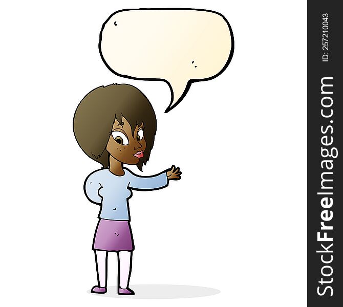 cartoon woman making welcome gesture with speech bubble