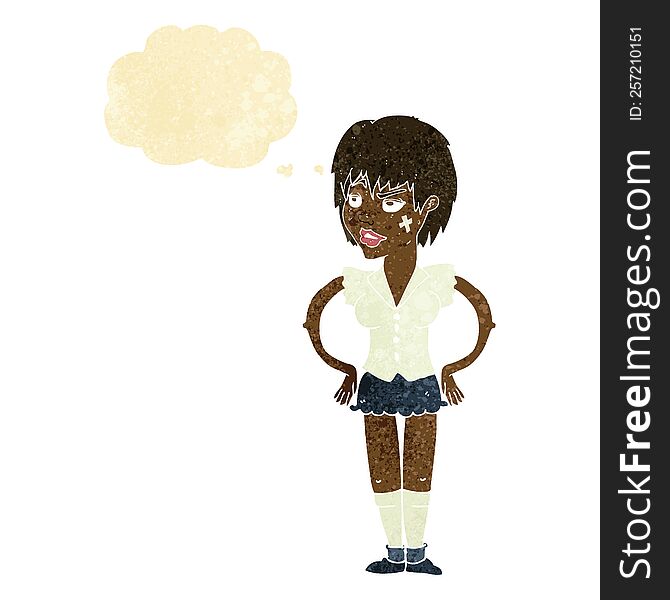 cartoon tough woman with hands on hips with thought bubble
