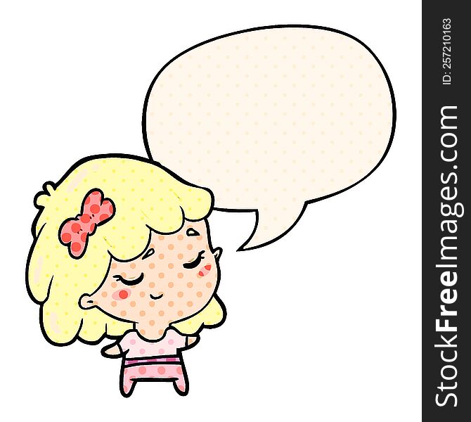 Cute Cartoon Happy Girl And Speech Bubble In Comic Book Style