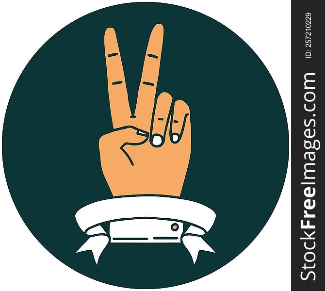 icon of peace two finger hand gesture with banner. icon of peace two finger hand gesture with banner