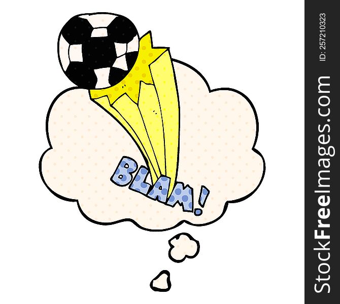 cartoon kicked soccer ball with thought bubble in comic book style