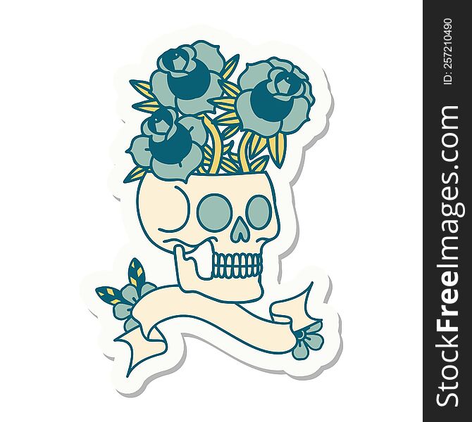 tattoo sticker with banner of a skull and roses