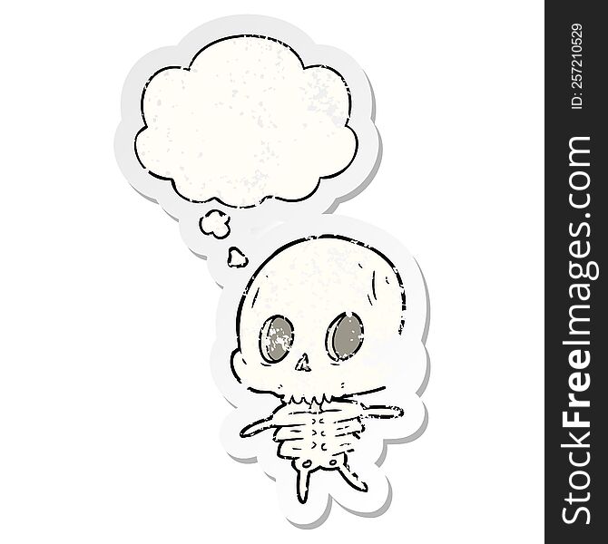 Cartoon Skeleton And Thought Bubble As A Distressed Worn Sticker