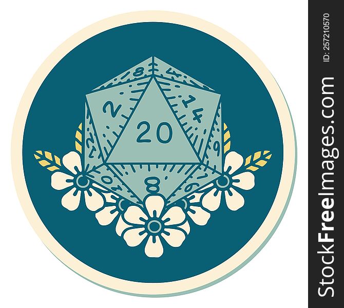 sticker of tattoo in traditional style of a d20. sticker of tattoo in traditional style of a d20