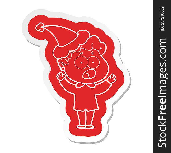 quirky cartoon  sticker of a man gasping in surprise wearing santa hat