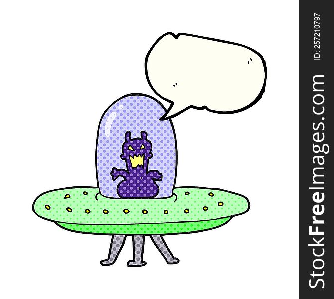 freehand drawn comic book speech bubble cartoon alien in flying saucer