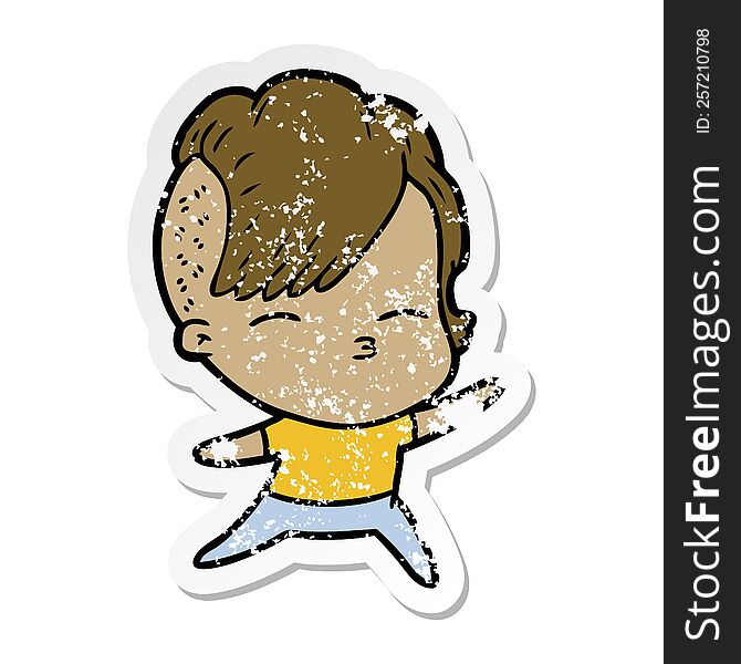 Distressed Sticker Of A Cartoon Squinting Girl
