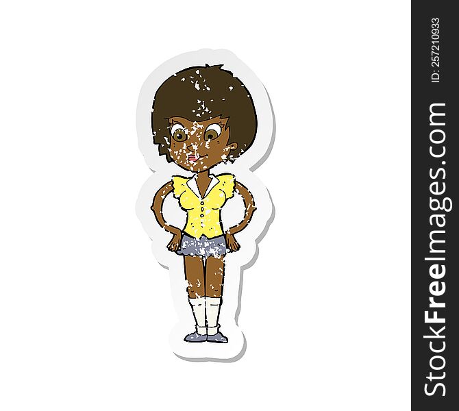 Retro Distressed Sticker Of A Cartoon Pretty Woman With Hands On Hips