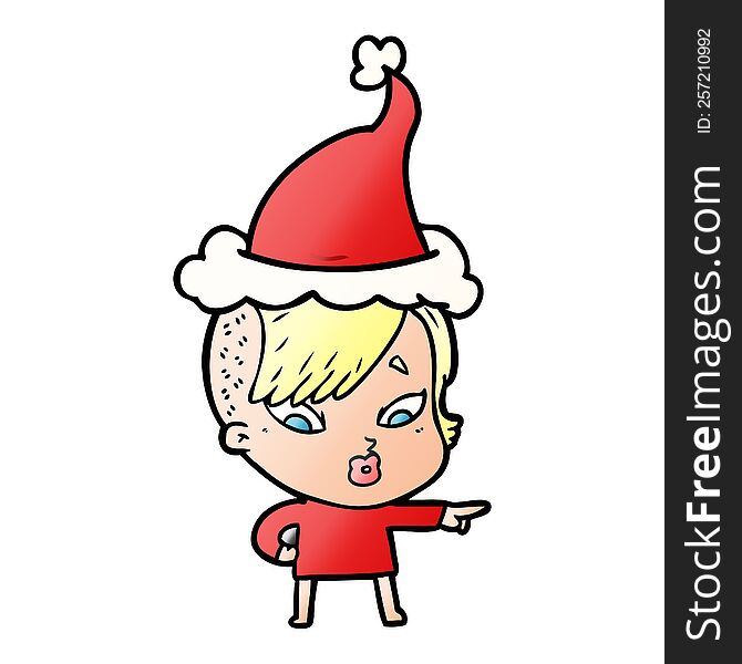 hand drawn gradient cartoon of a surprised girl pointing wearing santa hat