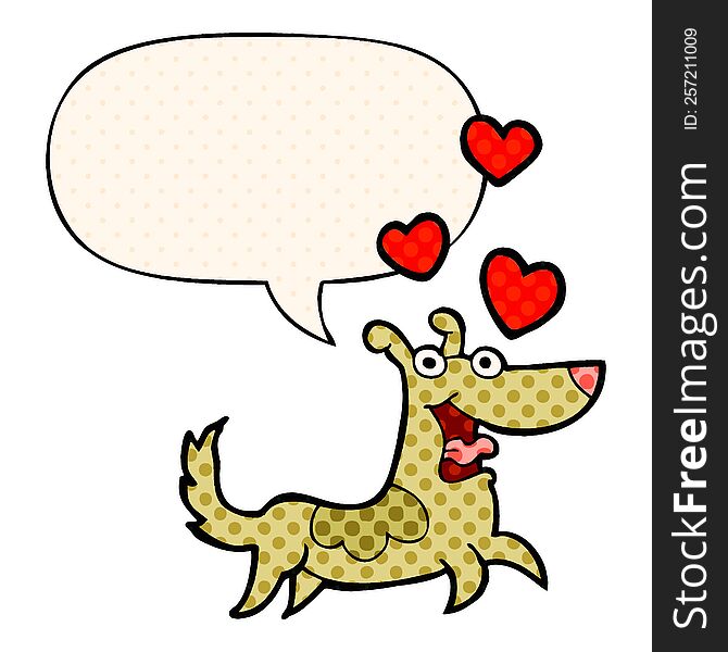 cartoon dog and love hearts and speech bubble in comic book style