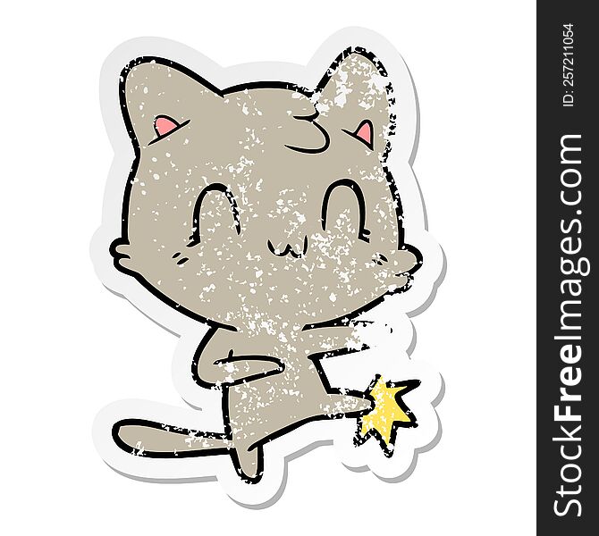 distressed sticker of a cartoon happy cat karate kicking