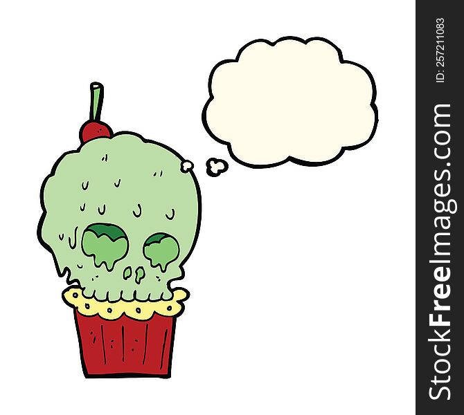 cartoon spooky skull cupcake with thought bubble