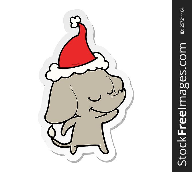 Sticker Cartoon Of A Smiling Elephant Wearing Santa Hat