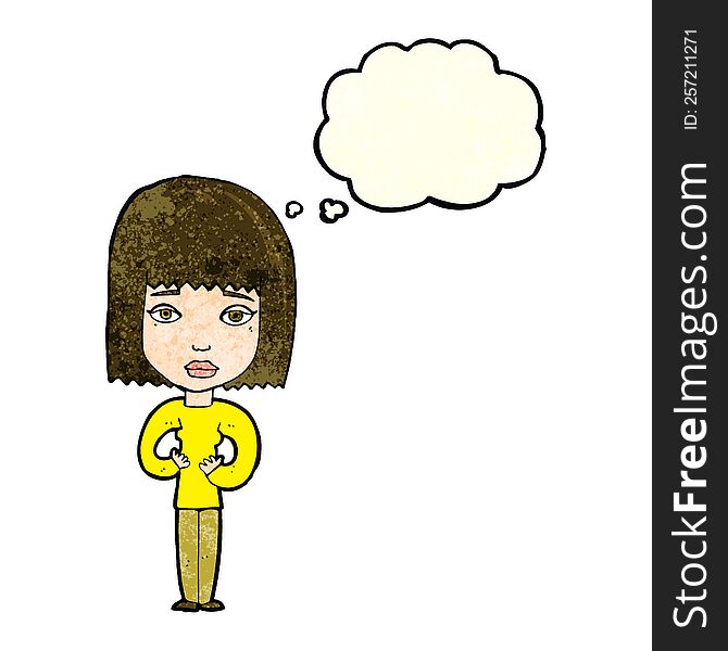 cartoon woman indicating self with thought bubble