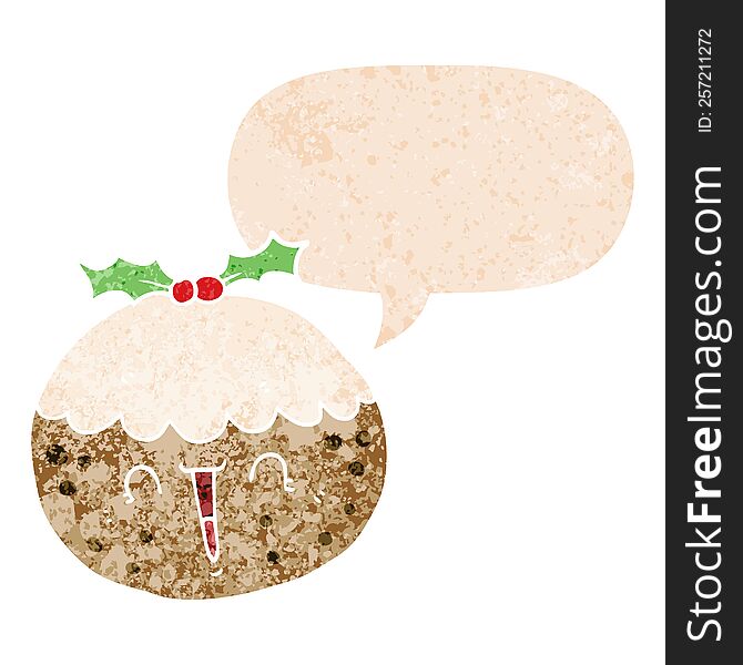 Cute Cartoon Christmas Pudding And Speech Bubble In Retro Textured Style