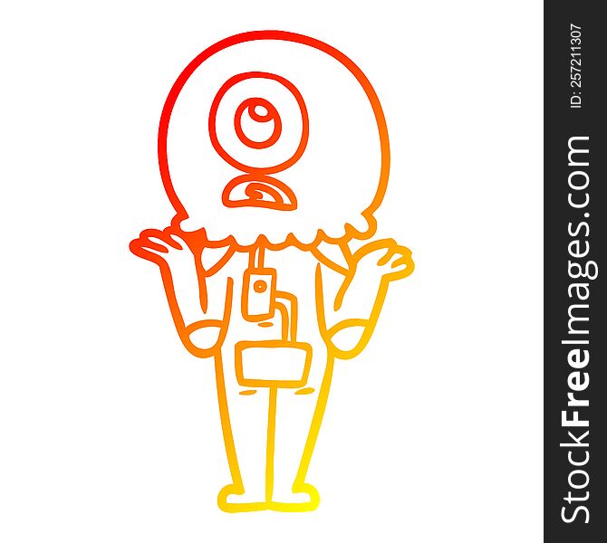 Warm Gradient Line Drawing Cartoon Cyclops Alien Spaceman Shrugging Shoulders