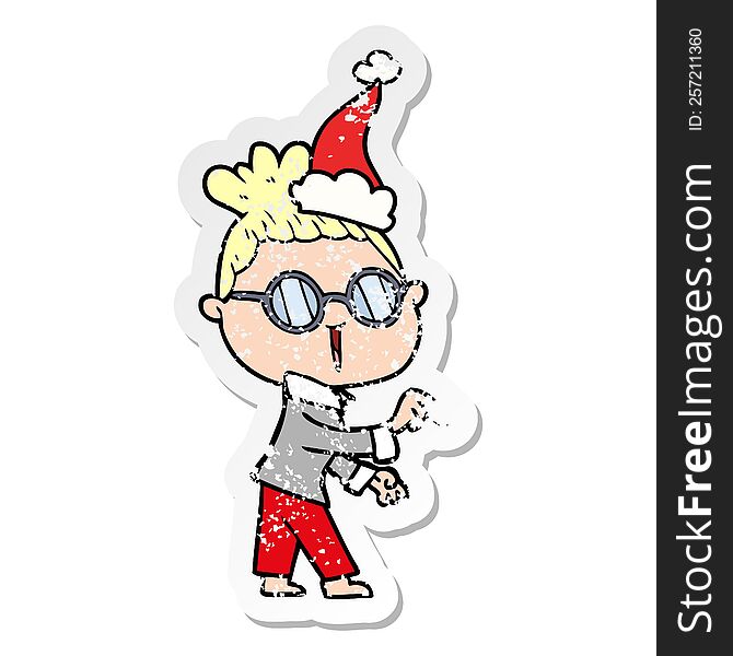 distressed sticker cartoon of a woman wearing spectacles wearing santa hat