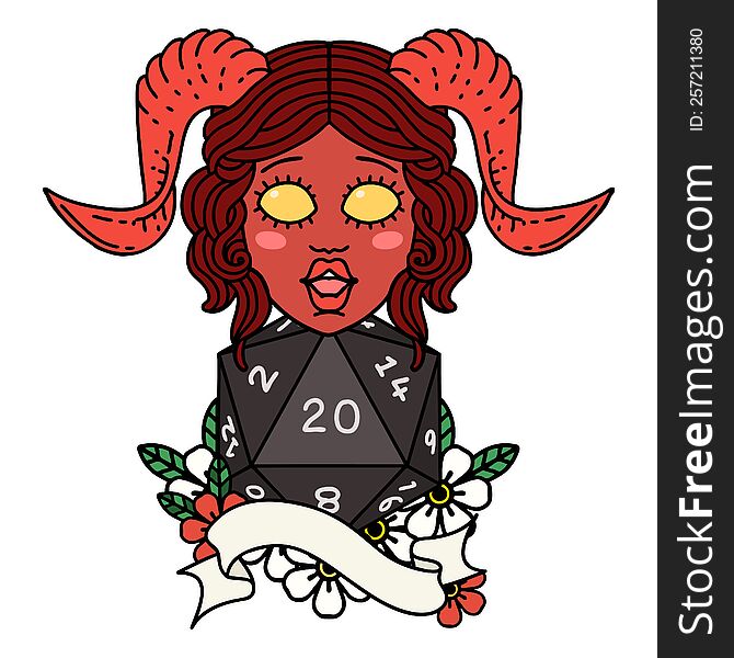 Retro Tattoo Style tiefling with natural twenty dice roll. Retro Tattoo Style tiefling with natural twenty dice roll