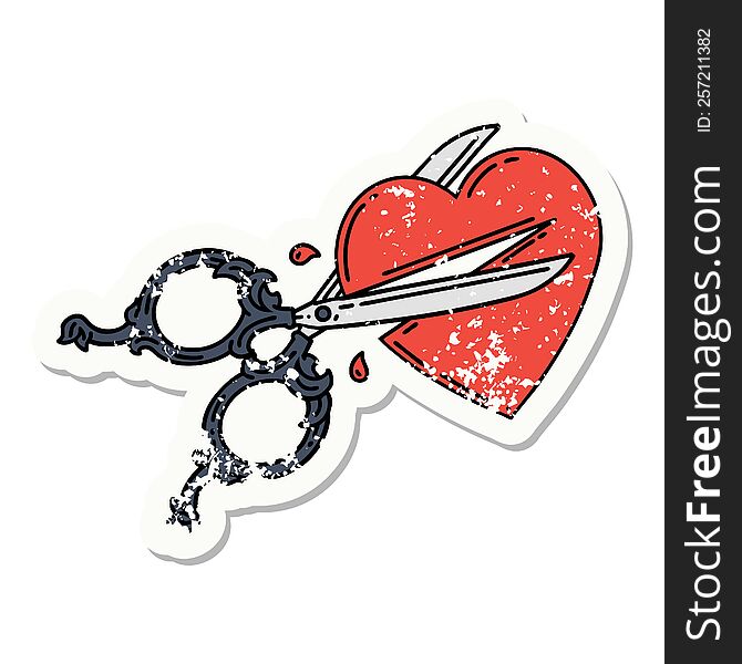 Traditional Distressed Sticker Tattoo Of Scissors Cutting A Heart