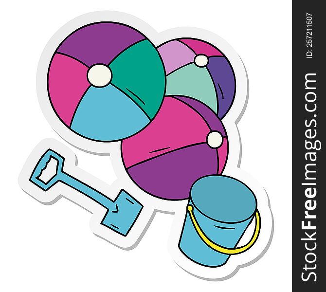 Sticker Cartoon Doodle Beach Balls With A Bucket And Spade